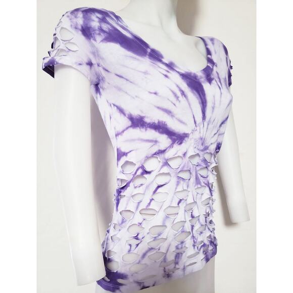PURPLE WONDER - MEDIUM - White and Purple Tie Dyed Loose Fit V-Neck Top and Cuts - Picture 6 of 6
